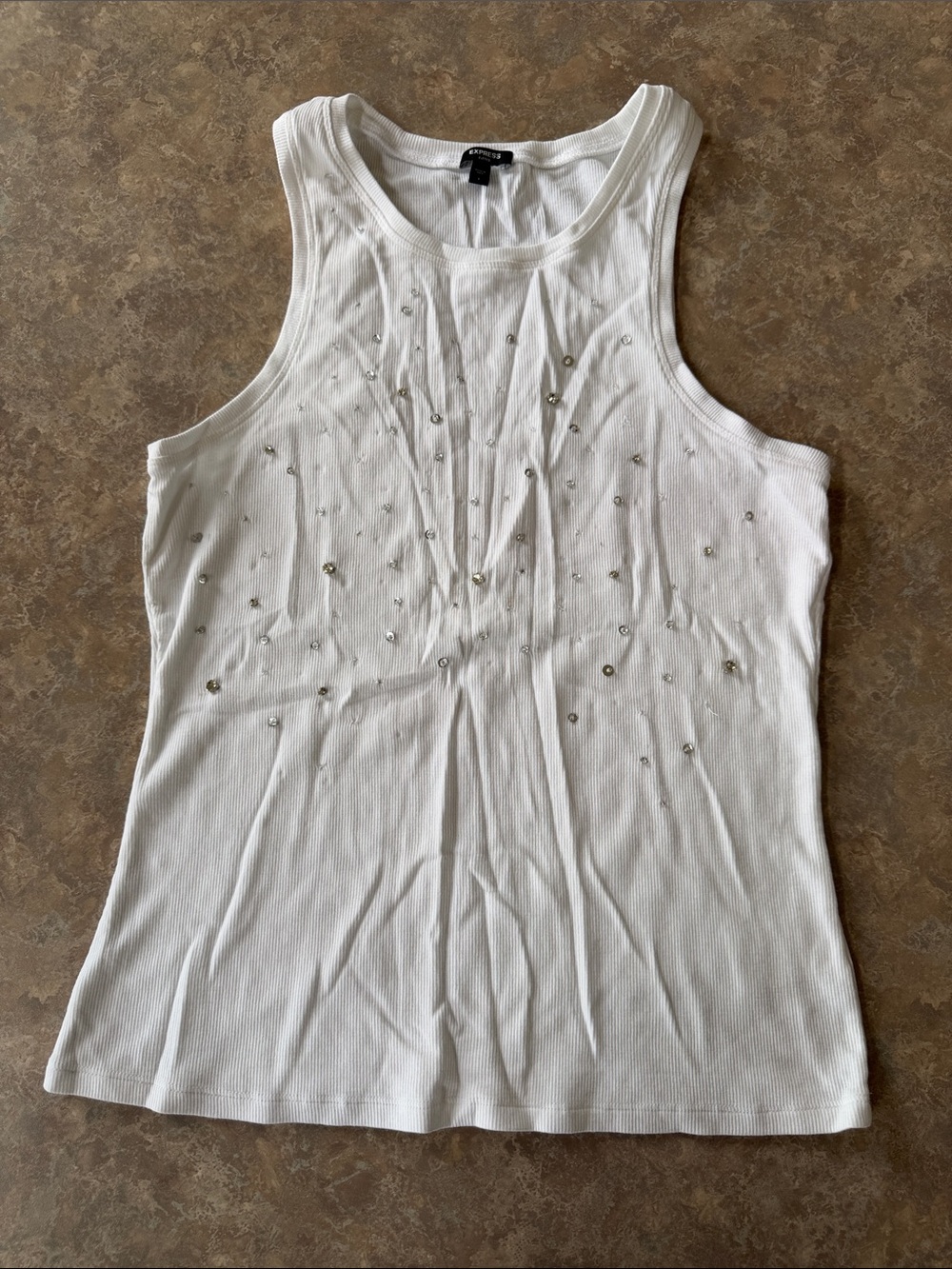 Express White Ribbed Tank with Metallic Studs
